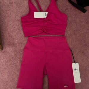 Alo NWT Vibrant hot pink bra top and bike shorts set